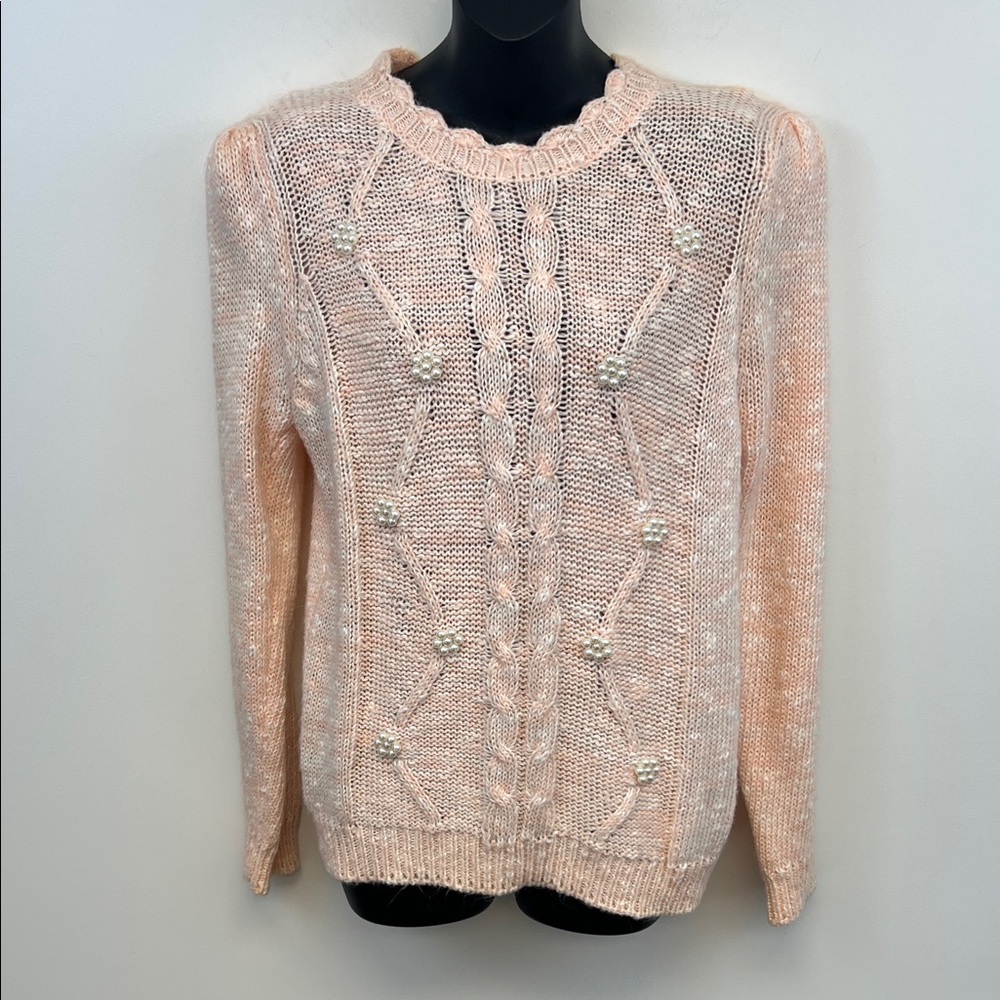 Spice of Life Peach 80s Retro sweater with shoulder pads & pearl accents Size M - Picture 5 of 13